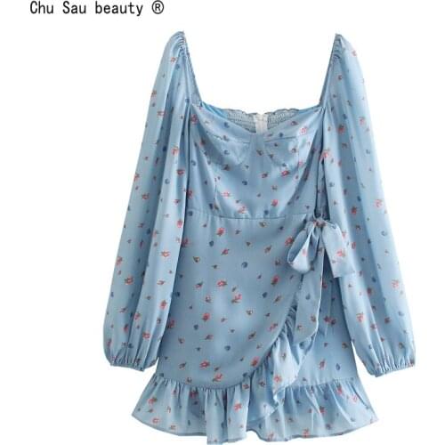 2021 Trend Print Chest Wrap Vintage Square Collar High Waist Lace-Up Puff Long Sleeve Elastic Back Ruffle Dress Zipper Vestido