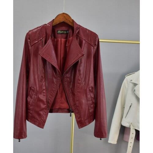 Korean Short Wine red Washed Faux PU Leather Jacket Female Plus size Stand collar Slim Long sleeve Streetwear Moto Biker Jacket