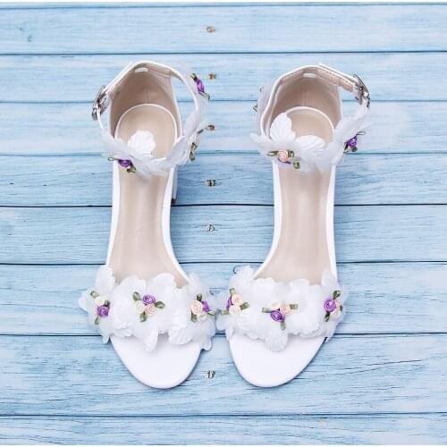 Women Sandals Flowers Wedding Shoes Crystal Sandals Pumps 7cm Block High Heels Bride Shoes Ladies Ankle Strap Bags Plus Size 43