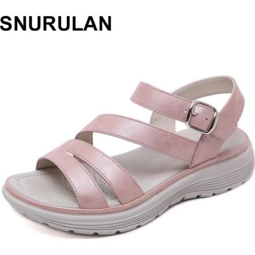 SNURULANWomens Sandals Leather Platform Sandal 2021 Summer Thick Sole Low Heels Ladies Sandal Summer Shoes For Women