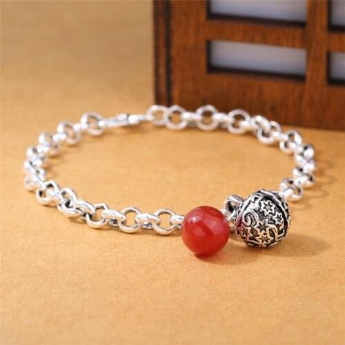 Sole Memory Retro Thai Silver Red Crystal Ball Sweet Cute 925 Sterling Silver Female Resizable Bracelets SBR175
