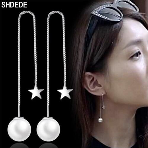 SHDEDE 925 Silver Long Drop Earrings For Women Star Dangle Valentines Day Gift Fashion Jewelry Eardrop -WH070