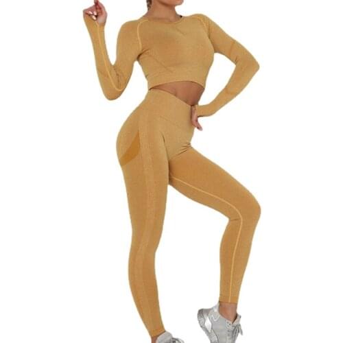 Womens Sports Set Yoga Clothing Set Fitness Gym Long Sleeve Fitness Crop Top + High Waist Seamless Energy Fitness