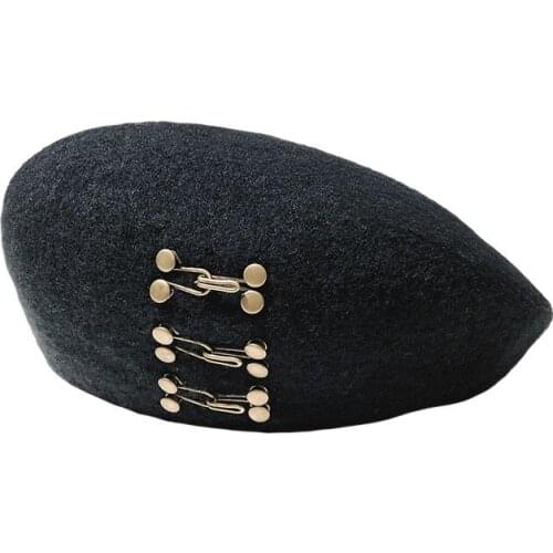 Winter hat women beret hat retro fashion metal studs wool painter hat autumn warm wild black newsboy hat