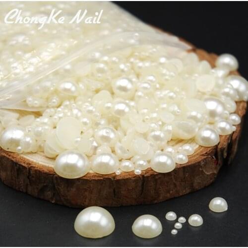 1000pcs 2-12mm Mixed Size Shiny Ivory/White DIY Resin Half Round Pearl Beads Flat Back Gems Pearl Beads Nail Art DIY Decoration