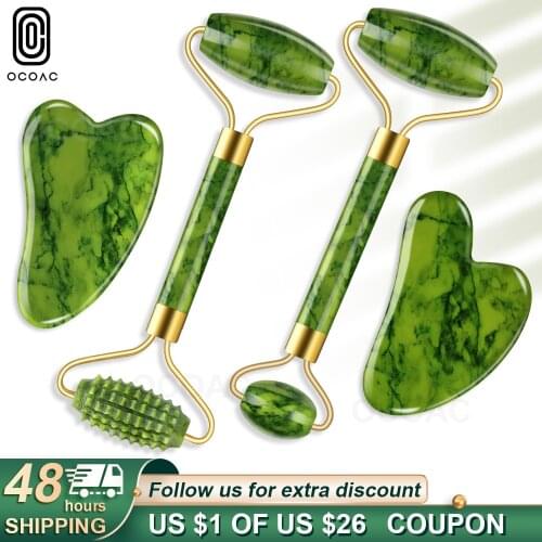 2PC Face Massager Green Jade Rollers Facial Skin Care Tools Natural Stone Gouache Scraper For Face Beauty Roller Massagers Set