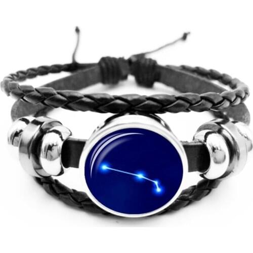 2020Blue Starry Sky 12 Constellation Charm Bracelet Glass Cabochon Black Leather Woven Snap Bracelet Men and Women Jewelry Gifts