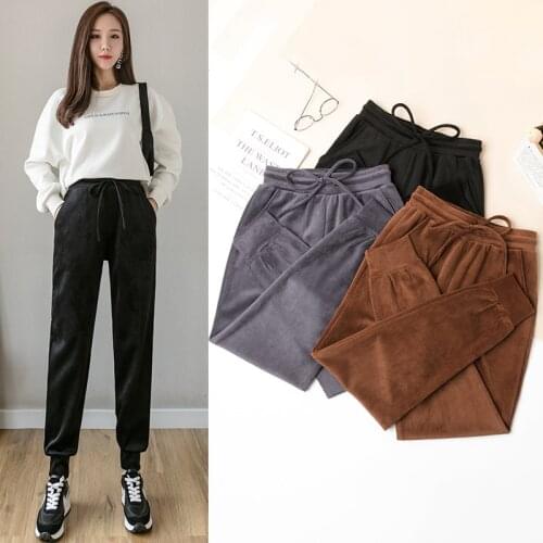 Velvet Sweatpants Women Autumn Winter High Waist Slimming All-Match Loose-Fitting Corduroy Harem Pants Casual Pants Tie-Up