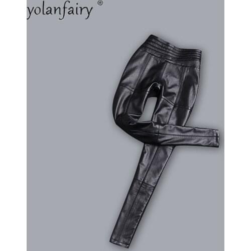 Genuine Sheepskin Leather Pants Women Clothes Spring Autumn Pencil Pants Female High Waist Pant Womens Trousers Pantalones
