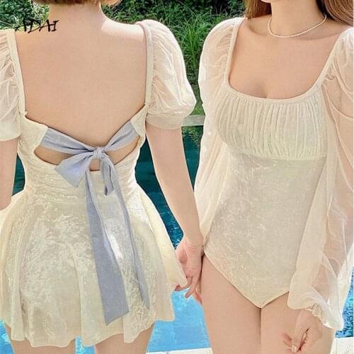 One-Piece Womens Swimsuit 2021 Pure Color High-Waisted Sheath Swimwear Sweet Backless Bowknot Design Spa Bathing Suit Bikinis