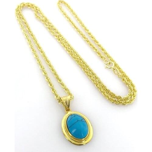 Turquoise End 60 cm Auger Chain Gold Plated Silver Green Almond Pendant