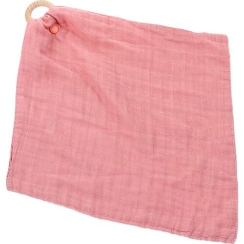 24BE Baby Soother Appease Towel Bibs with Wooden Teether Ring Solid Color Bandana Burp Cloth Infant Toys