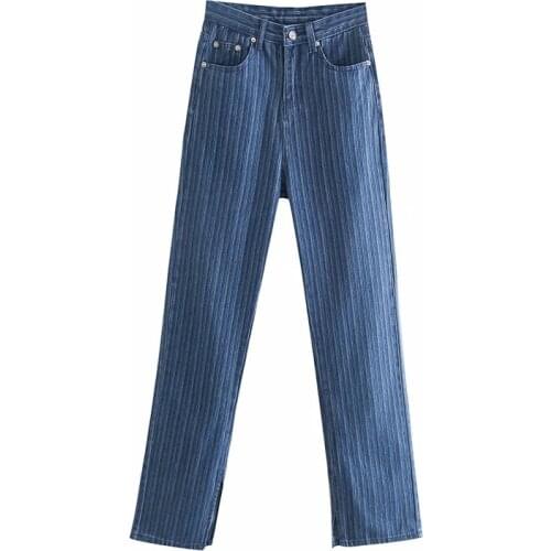 High Waist Style Leg Long Vertical Stripe Inside Split Jeans Fashion Wash Loose Casual Pants DLZK694