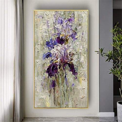 Hand Painted Large Abstract Iris Canvas Painting Palette Knife Flowers Oil Painting Modern Decor Piece Floral Pictures Wall Art