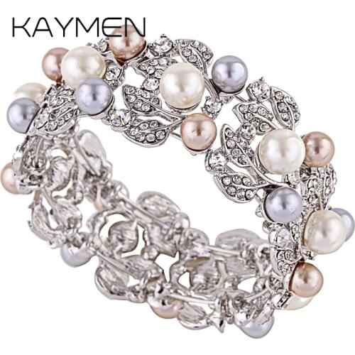KAYMEN Womens Beautiful Leaf Shape Inlaid Imitation Pearls Bangle Cuff Bracelet Silver Plated Rhinestones Gilrs Bangle