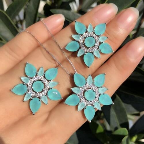 Luxury Big Flower Jewelry Set pave Cubic Zirconia Stud Earrings Pendant Necklace white plated copper women Fashion Jewelry 2020