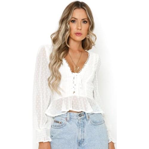 Lace White Woman Blouse Sweet V-neck Woman Tops 2020 Spring Autumn Woman Shirt