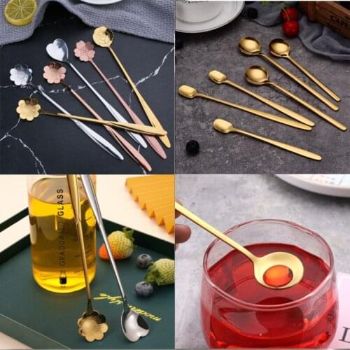 Tea Coffee Mixing Spoon Stainless Steel Spoon with Long Handle Flower Shape Dessert Spoon Kitchen Tableware Gold Spoon for Home
