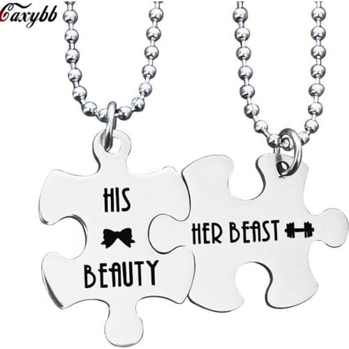 2PCS Stainless Steel Puzzle Pendent Chain Necklace His Beauty Her Beast Necklaces Women Couples Lovers Gifts Valentines Jewelry
