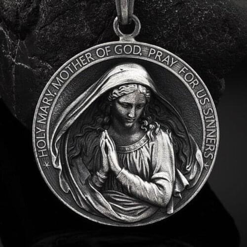 Religious Series Christianity Virgin Mary Prayer Catholic Retro Men and Women Pure Tin Pendant Necklace Tag Chain Necklaces