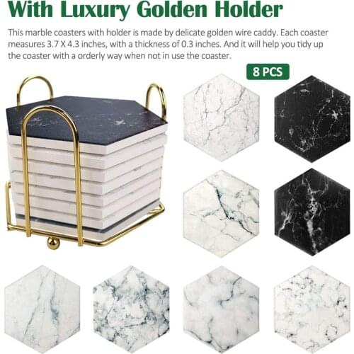 Drink Coaster with Metal Holder Stand Marble Pattern Stone Bar Coasters Set with Cork Base Farmhouse Cup Ceremic Coaster