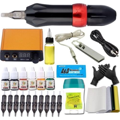 Professional Rotary Pen Tattoo Kit 6 Color Immortal Machine gun Inks Set LCD Mini Power Cartridge Needle Equipment Supplies