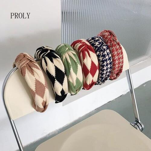 PROLY New Fashion Warm Knitted Hairband For Women Plaid Houndstooth Headband Classic Headwear Center Knot Hair Accessories