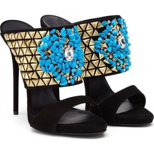 Summer Turquoise Beads Gold Triangle Rivets High Heel Slipper Gladiator Thin Heels Shoes Peep Toe Crystal Slingbacks Sandals