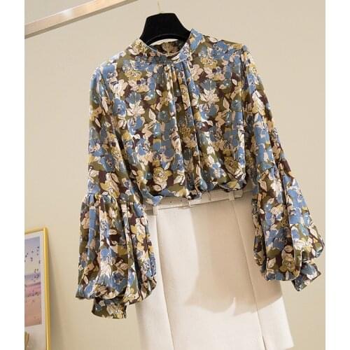 Chiffon Floral Women Blouse Summer New 2021 O-Neck Lantern Sleeved Loose Elegant Office Lady Pulls Outwear Tops
