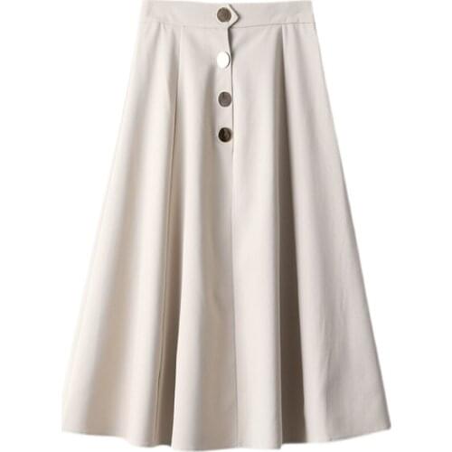 New Arrivals Beige Womens Skirt Summer 2021 A-Line Single Breasted Office Lady Elegant Mid Skirt Fladas Mujer