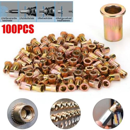 100pcs 1/4-20 UNC Zinc Plated Carbon Steel Rivet Nut Flat Head Threaded Insert Nutsert Cap Rivet Nuts Kit