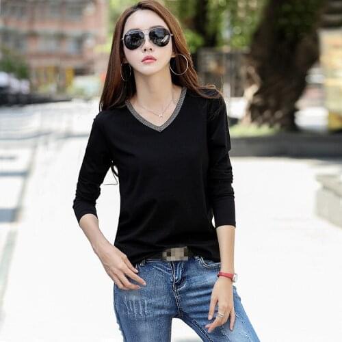 2020 Women Tops Black T-shirts Base V-Neck Long Sleeve Women T-shirt Tee Girls Shirt Elegant Summer Clothes AE0079