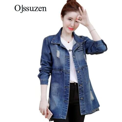 Frayed Hole Female Coat Spring Autumn Washed Letter Embroidery Denim Women Jackets Ripped Fashion Long Jacket Slim