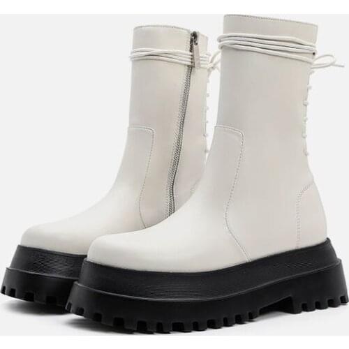 2021 New Ankle Boots for Women Thick Bottom Round Toe Genuine Leather Boots Black White All-match Botas Feminina Platform Shoes