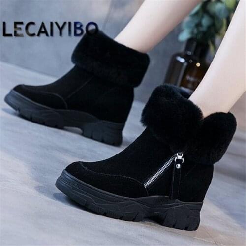 EUR35-40 Fashion Sneakers Women Winter Warm Fleece Fur Suede Leather Platform Wedge Ankle Boots Creepers Oxfords