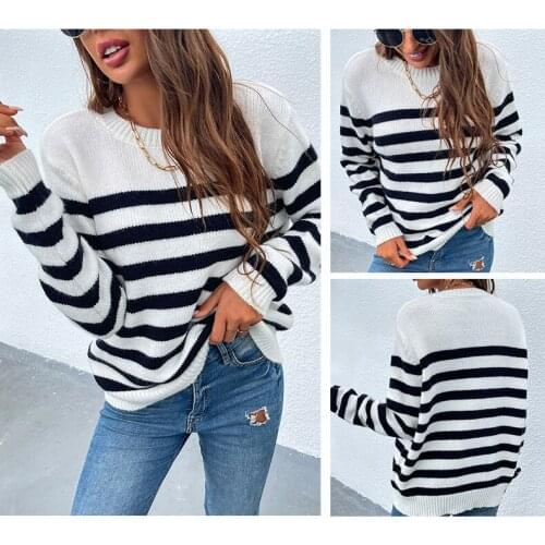 Women Sweater Color Block Sweatshirt,Autumn Adults Casual Striped Long Sleeve Round Neck Knitwear,2021 Fashion Female Clothing