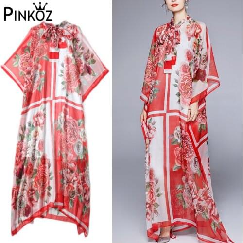 Pinkoz new fashion designer runway Silky Maxi dresses Women Batwing Sleeve Bow collar Flower print loose beach chiffon bohemian