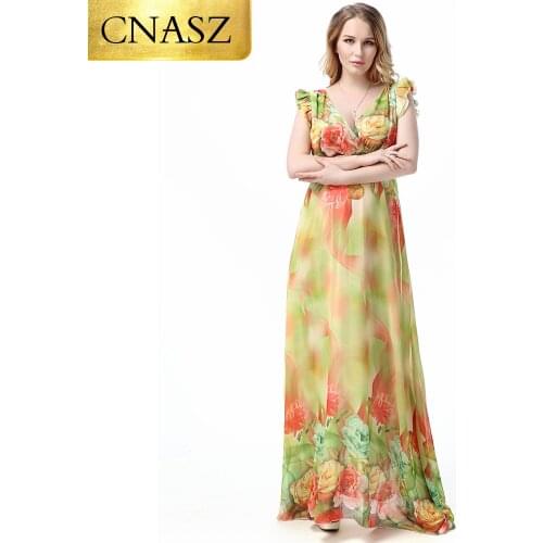 Plus Size Floral Printed Chiffon Elastic waist Women Dress Casual Maxi Straight Empire Long Dress