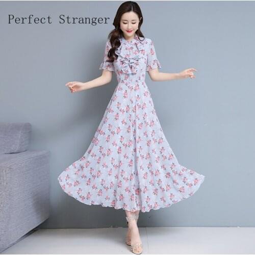 High Quality 2021 Summer Dress For Women Ruffled Collar Floral Printed Short Sleeve Women Chiffon Long Dress