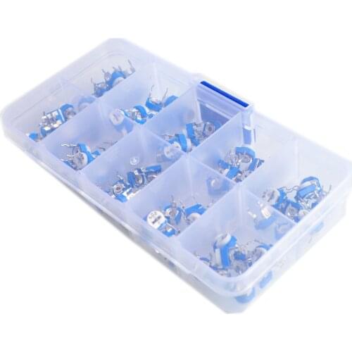 100Pcs/Box RM065 Carbon Film Horizontal Trimpot Potentiometer Assortment Kit 10 Values Variable Resistor 500R - 1M