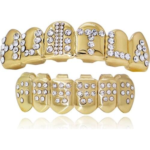 Letter Diamond Hip Hop Teeth 18K Gold 6 Teeth Halloween Dentures for Men and Women