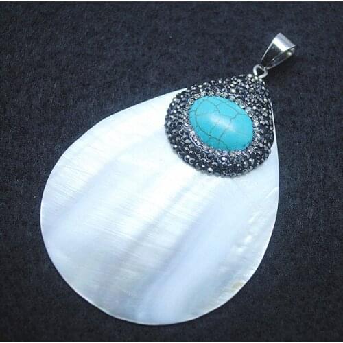 White shell pendants teardrops shape with blue turquoisee rhine stone for women fashion necklace making accessories size 68x53mm