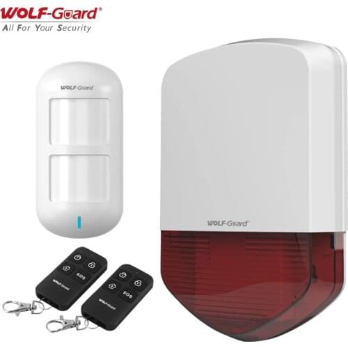 Wolf-Guard 110dB Wireless Outdoor Flashing Alarm Siren Home Security System with 1 PIR Detection Sensor 2 Remote Control
