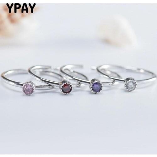 YPAY 100% Real 925 Sterling Silver Open Rings for Women Korean OL Simple Zircon Finger Ring Fine Jewelry Christmas Gifts YMR475
