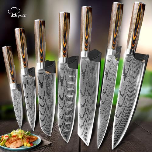 Kitchen Knife Chef Knives 7CR17 440C Carbon Stainless Steel Imitation Damascus Sanding Cleaver Set Slicer Santoku Knife