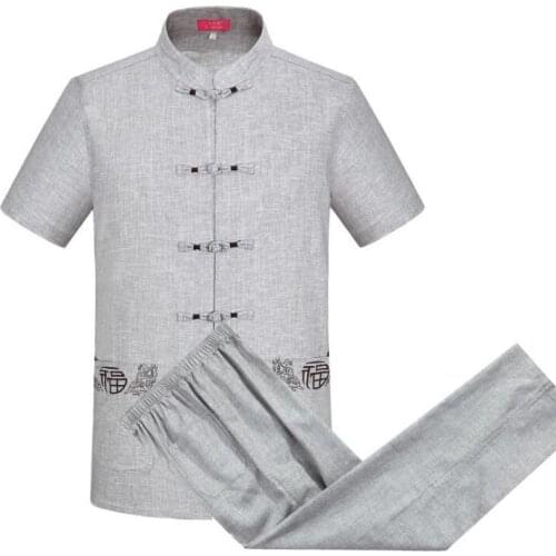 Summer middle-aged Chinese tunic suit mens jacket men flax blazer coats mens Tang suit sets Chinese style Short sleeve grey