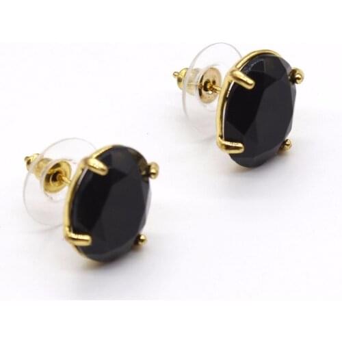 Trendy-beads Unique Light Yellow Gold Color Oval Shape Section Black Agates Stud Earrings For Women Jewelry