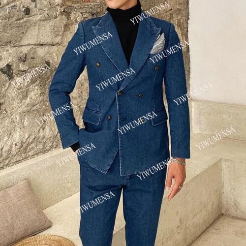 YIWUMENSA Deep Blue Denim Men Suits Formal Prom Party Blazers Custom Made 2 Pieces Double Breasted Jacket With Pants Groom Wear