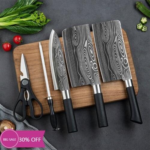 Butcher Knife Set Damascus Laser Pattern Kitchen Knife Stainless Steel Bone Chopping Meat Cleaver Sharpener Scissors Chef Knives