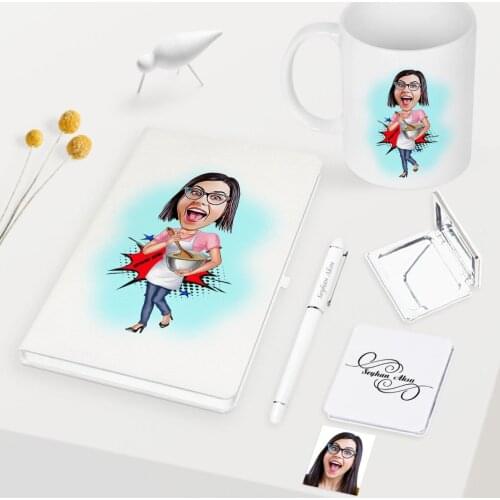 Personalized Housewife Mother Caricature Of White Notebook Pen Cup Mirror set-3